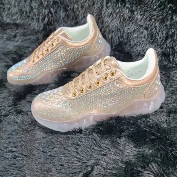 Cape Robbin Rose Gold Low Top Iridescent Rhinestone Lace Up Sneakers - Picture 1 of 9